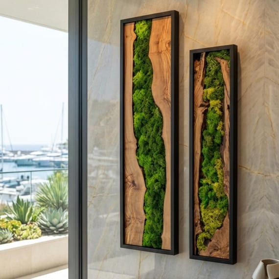 Slim Vertical Olive Wood Wall Art | Preserved Green Moss Decor | Handmade Wooden Artwork