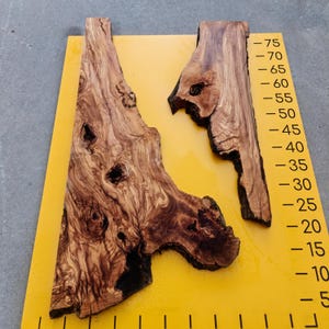 Op de afbeelding: Twee onregelmatig gevormde houten platen met een donkerbruin nerfpatroon en zwarte randen, rustend op een heldergele ondergrond. De platen zijn naast elkaar geplaatst. Een liniaal met cm-markeringen is zichtbaar.