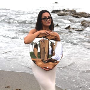 Large Round Olive Wood Mirror – 20” Live Edge Wall Mirror, Modern Rustic NEW home Decor, Handmade Natural Wood Art, Unique Housewarming Gift