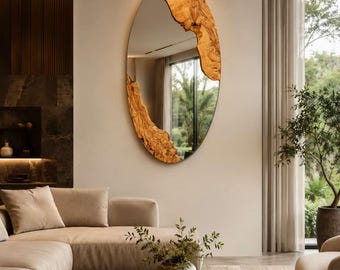 Oval Olive Wood Mirror 70cm, Live Edge Wall Art, Rustic Bathroom Vanity Mirror