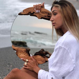 Round Live Edge Olive Wood Mirror | Ready to Ship Rustic Wall Decor | Handmade Boho Entryway Mirror | Large & Small Size | Housewarming Gift
