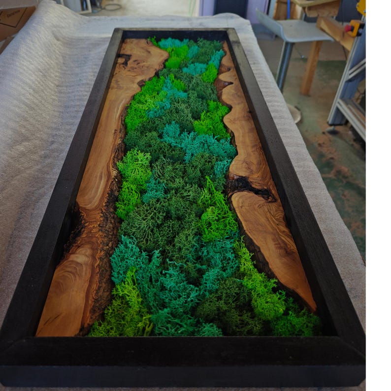 Modern olive wood moss wall art displayed in a slim architectural frame design. Moos Kunst handgemacht für modernes und organisches Wohndesign.