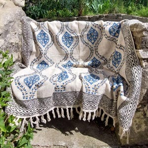 Throw, bedspread, natural cotton plaid, hand-woven and printed with natural dyes, handmade
