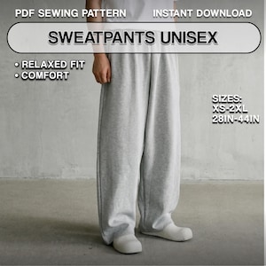 Naaipatroon wijde joggingbroek – uniseks broek – doe-joggingbroek – eenvoudig digitaal patroon – XS / XXL – afdrukbare A4-pdf - broek man vrouw