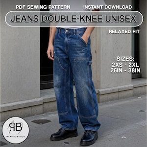 May include: Blue denim jeans with a relaxed fit and double-knee reinforcement panels. The text reads: PDF SEWING PATTERN, INSTANT DOWNLOAD, JEANS DOUBLE-KNEE UNISEX, RELAXED FIT, SIZES: 2XS - 2XL, 26IN - 38IN. The Pretty Botique logo is visible.