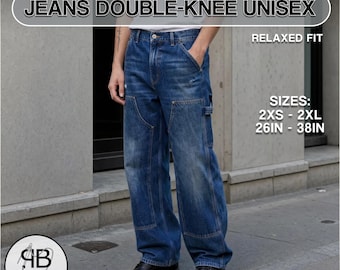 Double Knee Jeans Sewing Pattern Unisex | Carpenter Denim Pants PDF | A0 & A4 Printable | Sizes 2XS–2XL