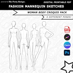 Puede incluir: PDF imprimible digital de bocetos de maniquíes de moda. La imagen presenta cuatro croquis de cuerpo de mujer en diferentes poses. El texto incluye "Fashion Mannequin Sketches", "Woman Body Croquis Pack" y "4 Different Poses!"