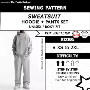 May include: A gray sweatsuit sewing pattern, including a hoodie and pants set, in a unisex, boxy fit. The pattern is available in sizes XS to 2XL. The difficulty level is indicated as easy, with step-by-step instructions suitable for beginners.