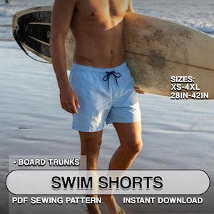 May include: Light blue swim shorts with a dark blue drawstring waist. The text on the image reads: BOARD TRUNKS, SWIM SHORTS, PDF SEWING PATTERN, INSTANT DOWNLOAD, SIZES: XS-4XL, 28IN-42IN. These shorts feature a simple design and elastic waistband.