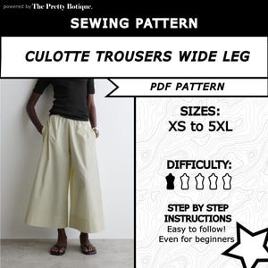 Può includere: Un modello di cucito per pantaloni culotte a gamba larga. Il modello è disponibile nelle taglie XS-5XL ed è descritto come facile da seguire, anche per i principianti. Il livello di difficoltà è indicato da un'icona su cinque.