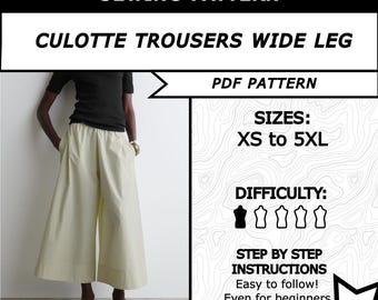 Wide Leg Culotte Pants Sewing Pattern PDF: DIY Palazzo Trousers XS-5XL (Digital Download)