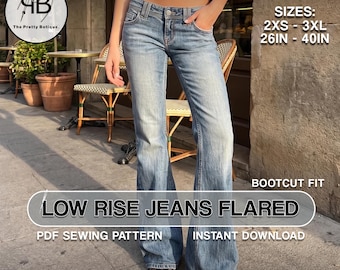 Low Rise Flared Jeans Sewing Pattern Women | Y2K Bootcut Denim PDF | A0 & A4 Printable | Sizes 2XS–3XL