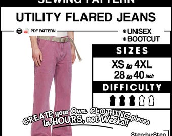 Utility Flared Jeans Workwear Sewing Pattern | Unisex Bootcut Streetwear (PDF Download)