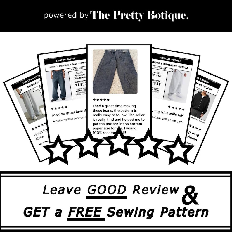 May include: Image of sewing patterns for various clothing items, including sweatpants, wide-leg jeans, and a hoodie. The patterns are displayed with customer reviews and star ratings. The text "Leave GOOD Review & GET a FREE Sewing Pattern" is also visible.
