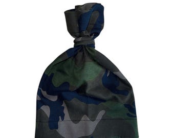 Green Camouflage Tie Up Beanie | Handmade Cotton 90’s Beanie | Unisex Streetwear Hat | Winter Fall Headwear | Luxury Handmade Beanie