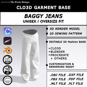 Baggy Jeans CLO3D Pattern | 3D Fashion Base for Rendering, Custom Design & Digital Garment Development