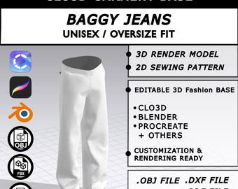 Baggy Jeans CLO3D Pattern | 3D Fashion Base for Rendering, Custom Design & Digital Garment Development