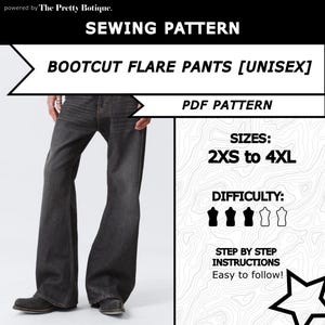 ブーツカットフレアパンツの縫製パターンPDF：ユニセックスDIYパンツ（2XS-4XL）
