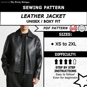 Op de afbeelding: Naaipatroon voor een zwarte leren jas. Het patroon is voor een unisex, boxy fit jas en is verkrijgbaar in de maten XS tot 2XL. De moeilijkheidsgraad wordt aangegeven door vier pictogrammen. De instructies zijn gemakkelijk te volgen.