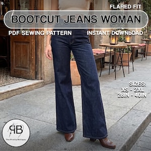 May include: Dark blue bootcut jeans with a flared fit. The image includes text that reads "BOOTCUT JEANS WOMAN", "PDF SEWING PATTERN", and "INSTANT DOWNLOAD". Sizes range from XS to 2XL, with waist sizes from 28 to 40 inches.