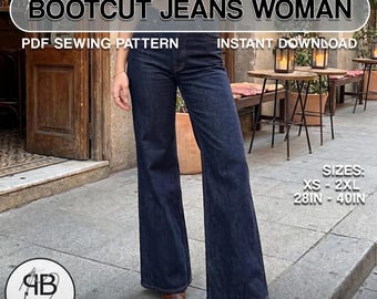 Bootcut Jeans Sewing Pattern Women: Flared Denim Pants Printable PDF | Sizes XS–3XL