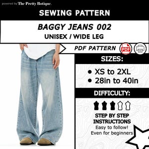 May include: Light blue baggy jeans sewing pattern. The pattern includes sizes XS to 2XL, with waist sizes from 71 cm to 102 cm. The pattern is unisex and has wide legs. The instructions are easy to follow, even for beginners.