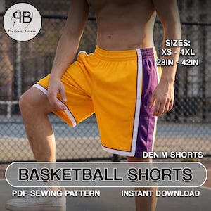 Può includere: Pantaloncini da basket gialli con pannelli laterali viola e bordo bianco. I pantaloncini presentano una trama a rete e un elastico in vita. Il testo sull'immagine include SIZES: XS - 4XL 28IN - 42IN, DENIM SHORTS, BASKETBALL SHORTS, PDF SEWING PATTERN, INSTANT DOWNLOAD.