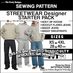 May include: A sewing pattern for a streetwear designer starter pack. The pattern includes instructions for a boxy zip hoodie, bootcut flared jeans, baggy jeans, and baggy sweatpants. Sizes range from XS to 4XL, with waist sizes from 28 to 40 inches.