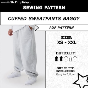 Peut inclure: Patron de couture pour un pantalon de survêtement ample à revers gris clair. Le patron comprend les tailles XS-XXL et des instructions étape par étape. La difficulté est de trois sur quatre.
