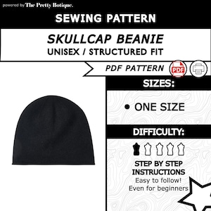 May include: A black skullcap beanie sewing pattern. The pattern is unisex and structured fit. The PDF pattern is one size and easy to follow, even for beginners. The text in the image says "Sewing Pattern" and "Skullcap Beanie".
