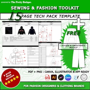 Puede incluir: Un gráfico verde y blanco que promociona un kit de herramientas de costura y moda. La imagen incluye una plantilla de paquete técnico de 15 páginas, maquetas de sudaderas con capucha y pantalones de chándal e iconos para PDF, Illustrator y Canva. Texto: "Para diseñadores de moda y marcas de ropa."