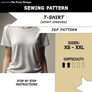 Peut inclure: Un patron de couture pour t-shirt blanc à manches courtes. Le patron est disponible dans les tailles XS à XXL et est classé comme facile à coudre. Le patron comprend des instructions étape par étape.