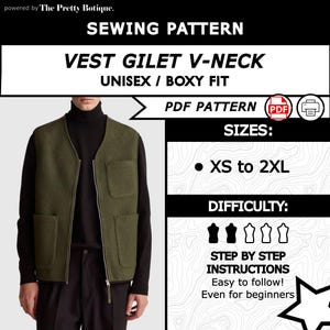 Op de afbeelding: Naaipatroon voor een unisex vest gilet met een V-hals en boxy fit. Het patroon bevat maten XS tot 2XL en stapsgewijze instructies. De afbeelding toont een olijfgroen vest met twee voorzakken en een rits.