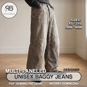 Può includere: Jeans larghi unisex a pannelli multipli di colore marrone chiaro. I jeans hanno un design a gamba larga e sono disponibili nelle taglie XS-2XL, con misure di vita che vanno da 71 cm a 102 cm. L'immagine include anche il testo "The Pretty Botique."