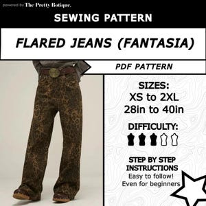 Könnte beinhalten: Ein Schnittmuster für Schlaghosen mit Leopardenmuster. Das Muster umfasst die Größen XS bis 2XL, mit Taillenmaßen von 71 bis 102 cm. Der Schwierigkeitsgrad ist mittel, mit Schritt-für-Schritt-Anleitungen für Anfänger.