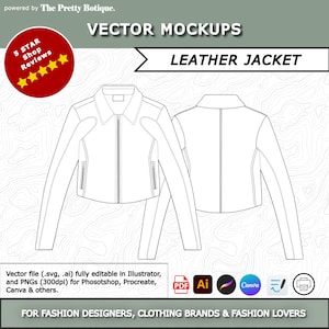 May include: Vector mockup of a leather jacket, front and back views, in a line drawing style. The image includes the text "VECTOR MOCKUPS" and "LEATHER JACKET". The image also includes the text "FOR FASHION DESIGNERS, CLOTHING BRANDS & FASHION LOVERS."