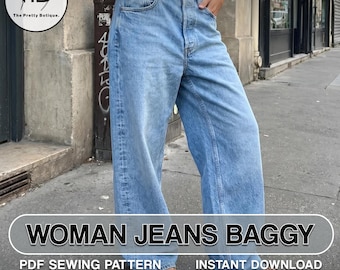 Women's Baggy Jeans Sewing Pattern | Wide Leg Denim Pants PDF (Instant Download)