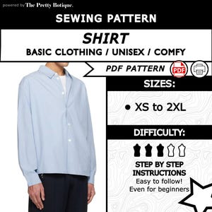 Puede incluir: Imagen de un patrón de costura para una camisa azul claro. El patrón es para tallas XS a 2XL y se describe como básico, unisex y cómodo. Se indica el nivel de dificultad, con instrucciones paso a paso para principiantes. El patrón es PDF.