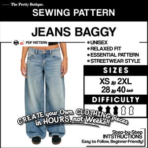 Peut inclure: Un patron de couture pour un jean baggy en denim bleu clair. Tailles disponibles : XS à 2XL, avec des mesures de taille de 71 à 102 cm. Le design est unisexe, coupe décontractée et de style streetwear. Instructions faciles.
