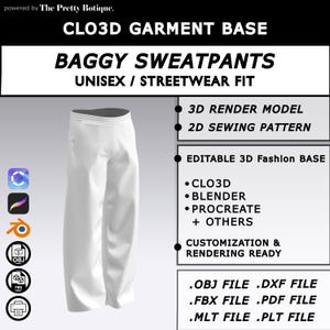 May include: A white baggy sweatpants 3D garment base, unisex streetwear fit. Includes 3D render model, 2D sewing pattern, and editable 3D fashion base. Compatible with CLO3D, Blender, Procreate, and others. Customization and rendering ready. Includes .OBJ, .DXF, .FBX, .PDF, .MLT, and .PLT files.