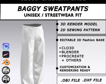 May include: A white baggy sweatpants 3D garment base, unisex streetwear fit. Includes 3D render model, 2D sewing pattern, and editable 3D fashion base. Compatible with CLO3D, Blender, Procreate, and others. Customization and rendering ready. Includes .OBJ, .DXF, .FBX, .PDF, .MLT, and .PLT files.