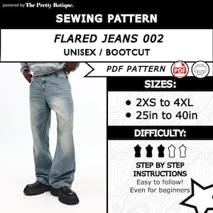 Könnte beinhalten: Ein Schnittmuster für Schlaghosen, Unisex und Bootcut-Stil. Das Muster umfasst die Größen 2XS bis 4XL, mit Taillengrößen von 63,5 cm bis 101,6 cm. Der Schwierigkeitsgrad wird durch vier Symbole angezeigt. Schritt-für-Schritt-Anleitungen sind enthalten.