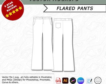 Flared Pants Fashion Design Template: Vector Technical Flat (PNG, PDF)