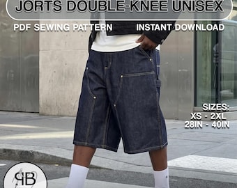 Double Knee Jorts Sewing Pattern Unisex | Oversized Denim Shorts PDF | A0 & A4 Printable | Sizes XS–2XL