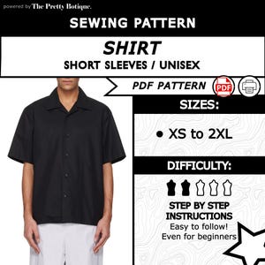 Può includere: Modello di cucito per camicia nera a maniche corte per unisex. Il modello include le taglie XS a 2XL e istruzioni passo passo. Il livello di difficoltà è indicato da quattro icone. Il testo sull'immagine dice "Facile da seguire! Anche per principianti."