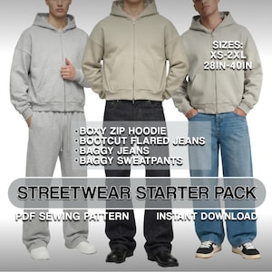 Pacote de Moldes de Costura para Moda Urbana | Moletom Oversized com Zíper, Calça Jeans Larga, Calça de Moletom, Calça Boca de Sino (Download em PDF)