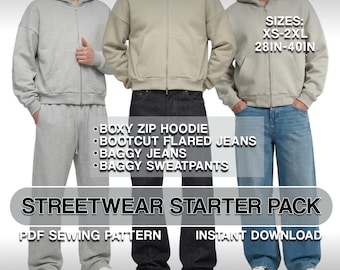 Streetwear Sewing Pattern Bundle | Oversize Zip Hoodie, Baggy Jeans, Sweatpants, Bootcut Flared Pants (PDF Download)