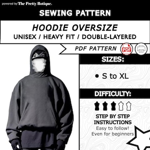 Puede incluir: Un patrón de costura de sudadera con capucha gris oscuro con el texto "HOODIE OVERSIZE" y "UNISEX / HEAVY FIT / DOUBLE-LAYERED". El patrón incluye tallas de la S a la XL e instrucciones paso a paso. La dificultad es de tres estrellas sobre cinco.