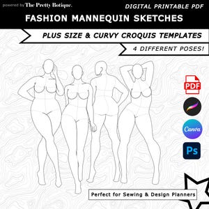 May include: Digital printable PDF of fashion mannequin sketches. The image features four plus-size and curvy croquis templates in different poses. The text includes "Perfect for Sewing & Design Planners."