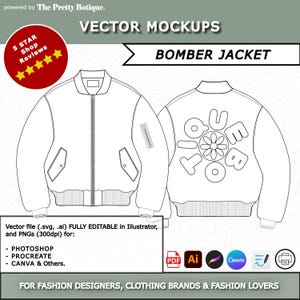 May include: Vector mockups of a bomber jacket, front and back views, with the text "VECTOR MOCKUPS" and "BOMBER JACKET". The image includes text about file formats and software compatibility, and the phrase "FOR FASHION DESIGNERS, CLOTHING BRANDS & FASHION LOVERS".